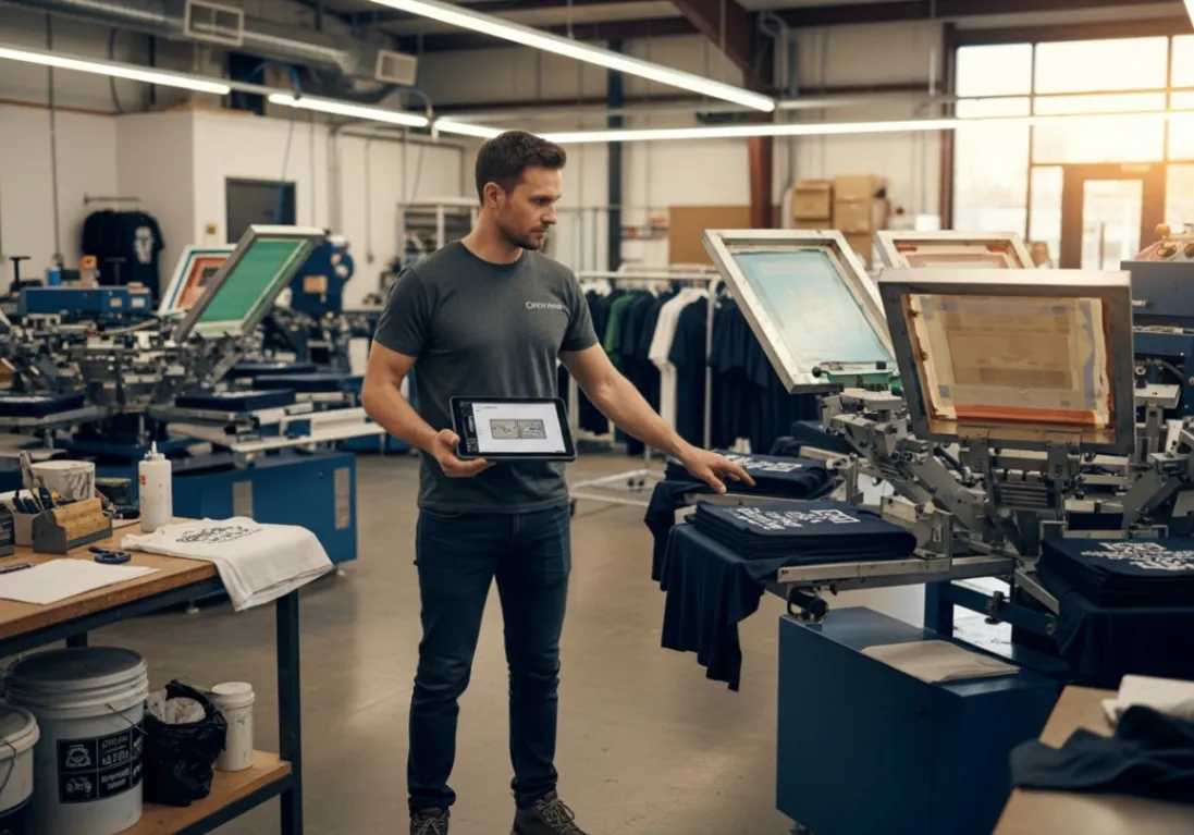 Operator reviewing a screen-printing job on the production floor